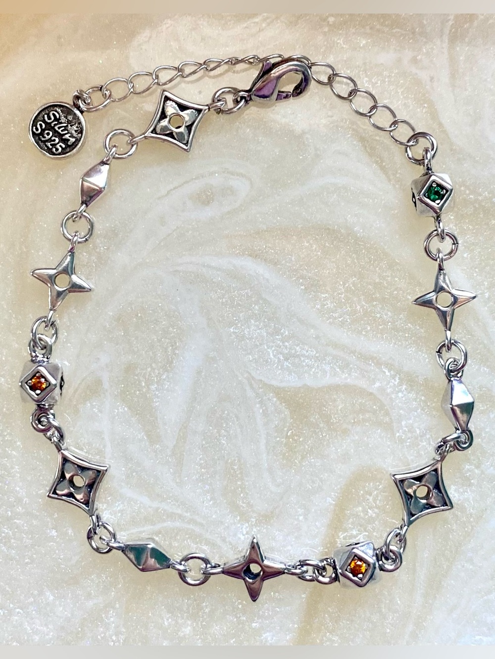 Sterling Silver Star & Square Charm Bracelet with Multicolored Stones